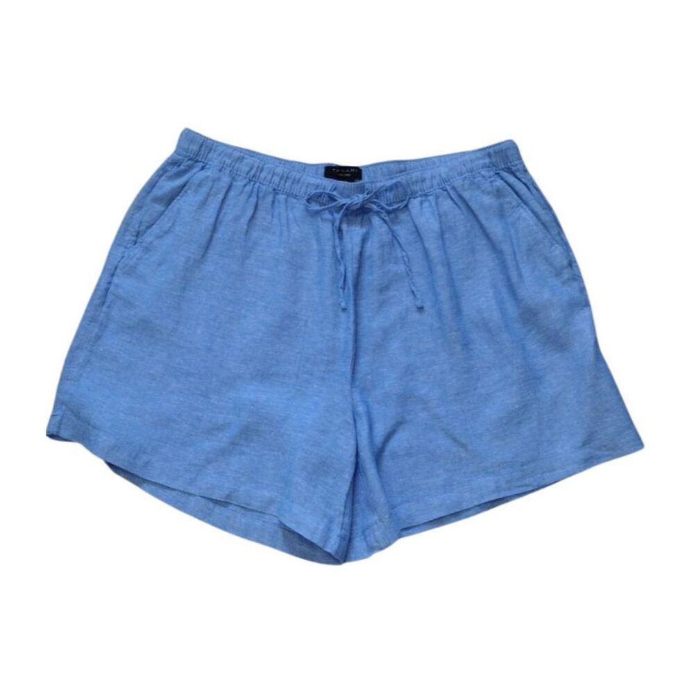Tahari Linen Shorts Women 2X Blue Chambray Drawstring Comfort Casual Pockets
